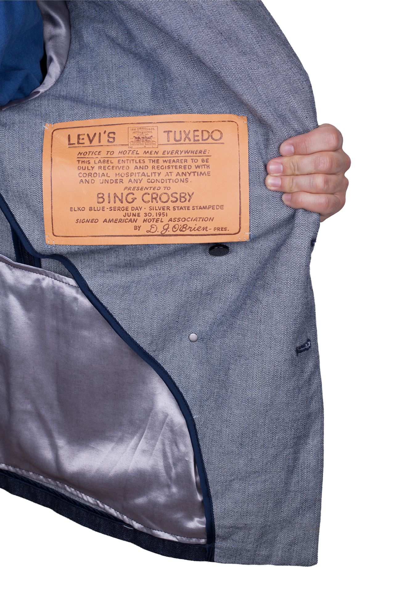 The leather label that entitled Bing Crosby to enter any hotels, inside his Levi's denim jacket