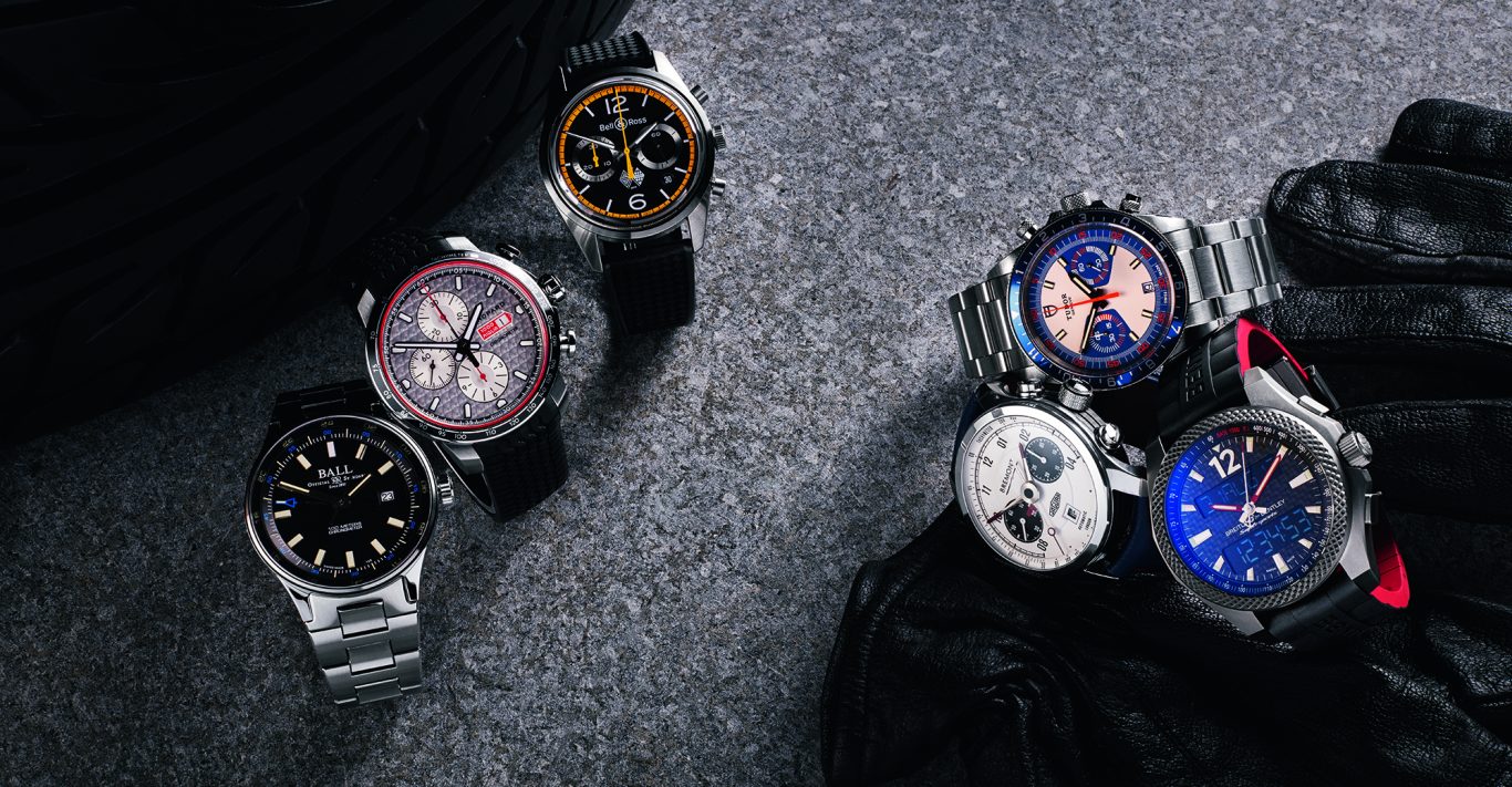Clockwise from left Roadmaster GMT, £2,680, BALL WATCH CO; Mille Miglia, £5,520, CHOPARD; BR126 Renault Sport, £3,350, BELL & ROSS; Heritage chrono blue, £3,160, TUDOR; B55 Connected, £6,910, BREITLING FOR BENTLEY; Jaguar MKII, £5,195, BREMONT