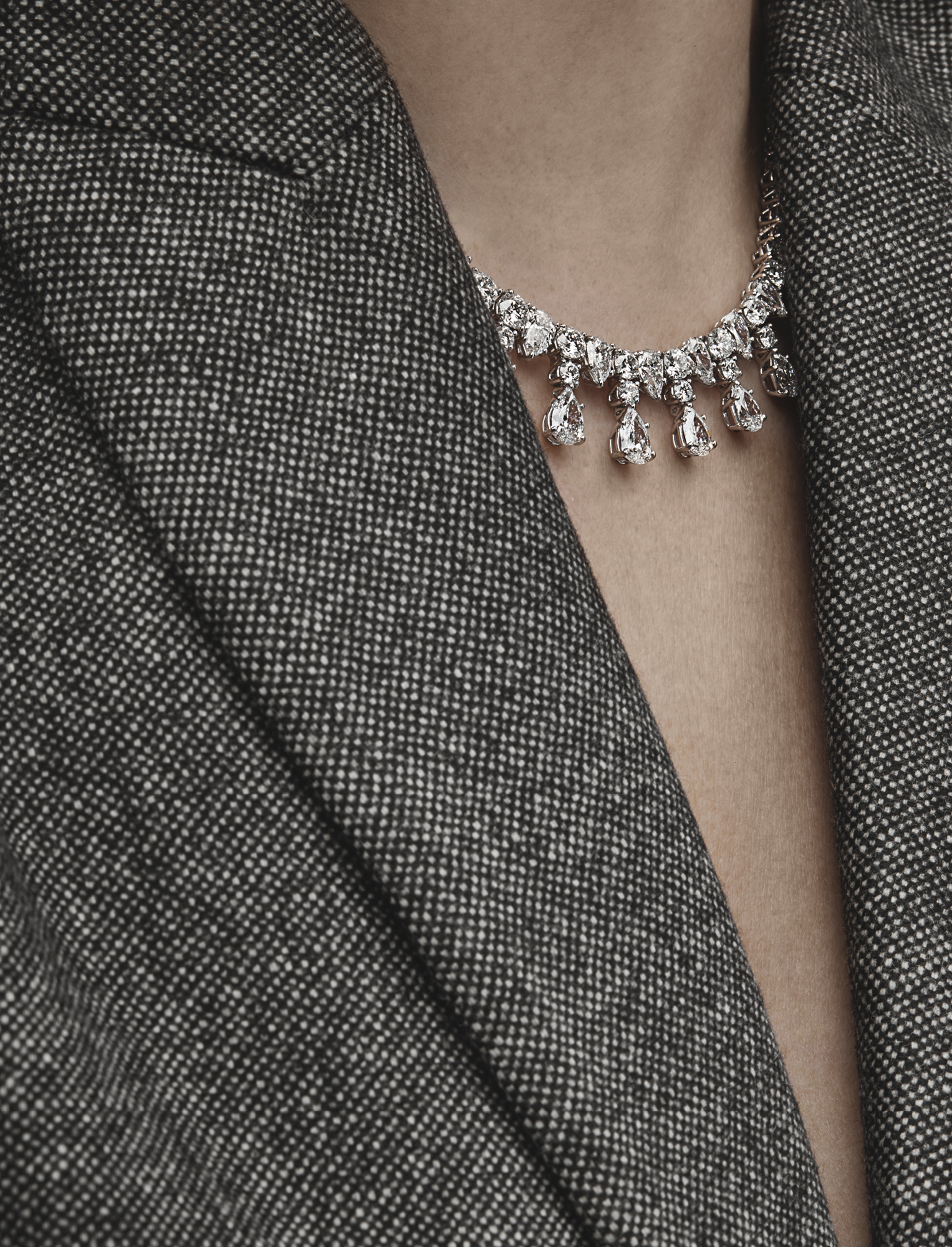 Double breasted grey wool jacket, £2,460, BRUNELLO CUCINELLI; Necklace, POA, HARRY WINSTON