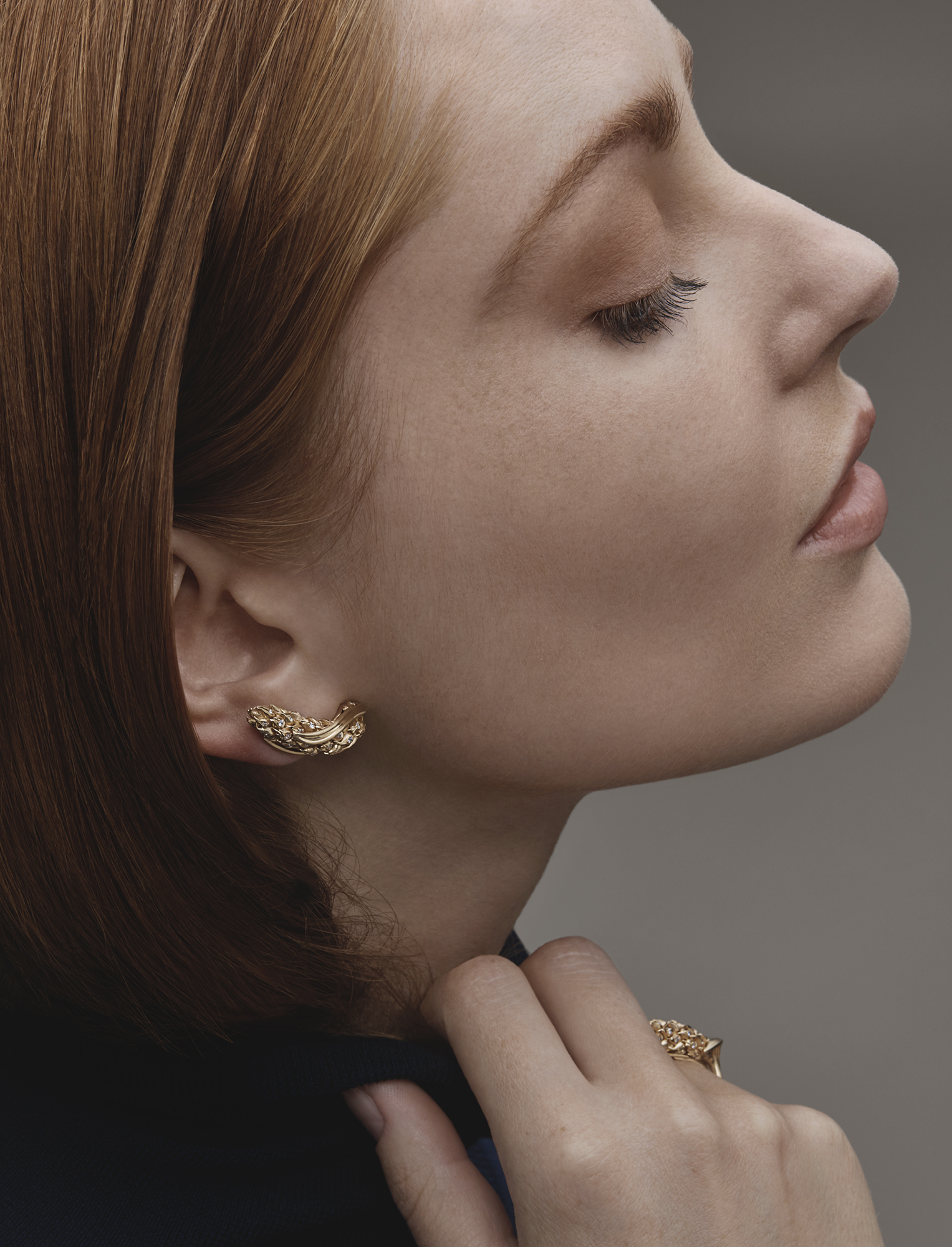 Cashmere turtle neck, £75, DAKS; L’Epi de Blé earrings, £14,000, L’Epi de Blé ring, £8,080, in yellow gold and brilliant-cut diamonds, both CHAUMET