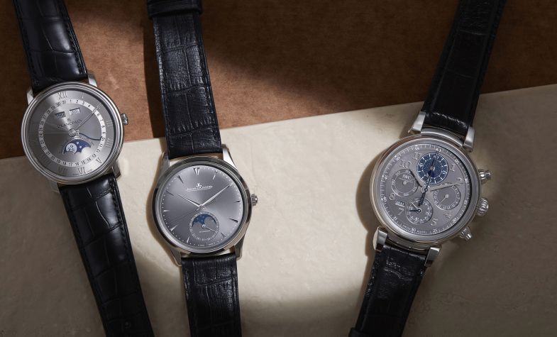 From left to right: Villeret Day Date Moonphase with grey dial, £10,930, BLANCPAIN; Master Ultra Thin Moon in white gold with selenite-grey dial on alligator leather strap, £16,300, JAEGER-LECOULTRE; Da Vinci Perpetual Calendar Chronograph, £26,250, IWC
