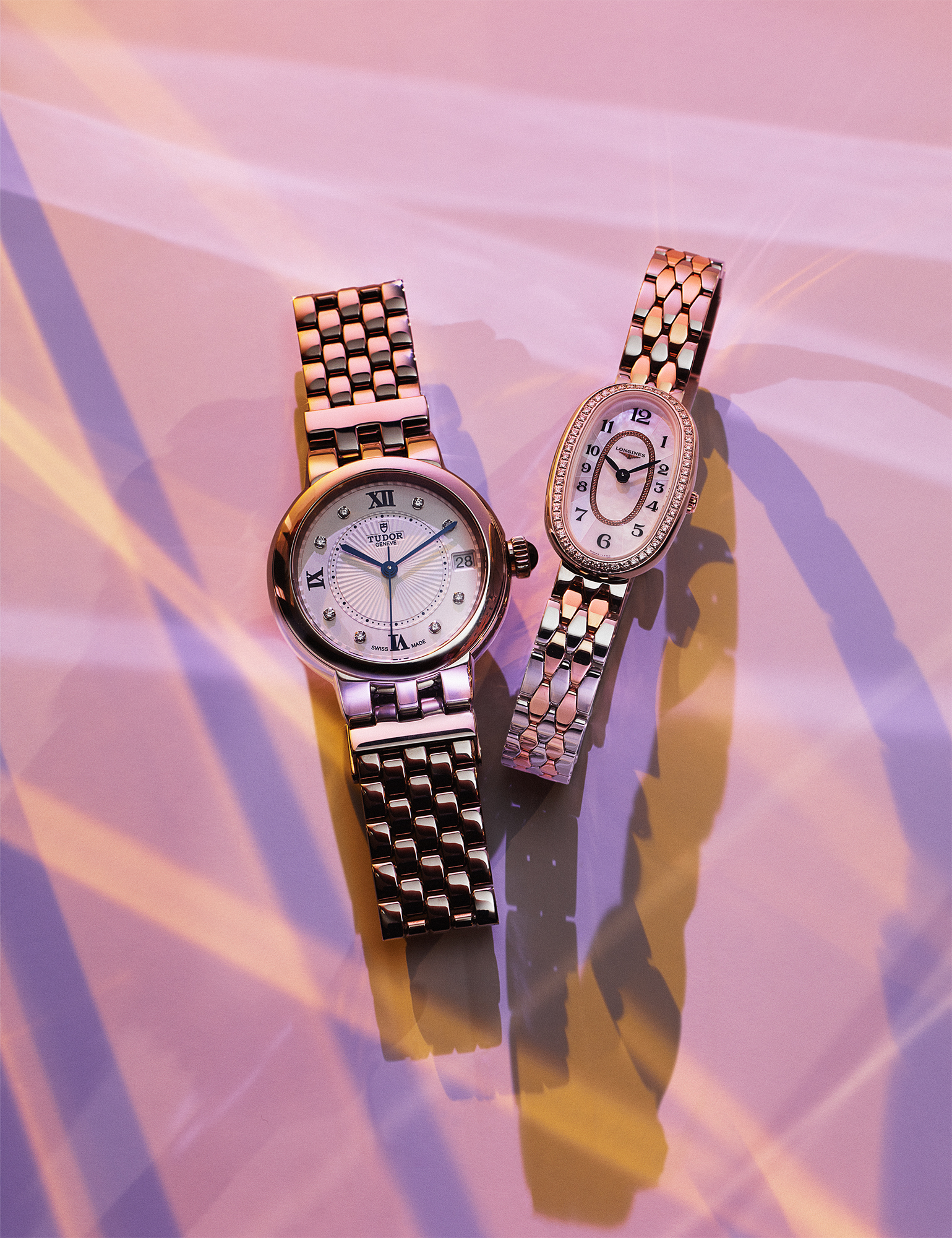 Clair de Rose 34mm in stainless steel with opaline dial with 8 diamonds, £2,740, TUDOR; Symphonette in diamond-set stainless steel with 18ct rose gold crown, £2,800, LONGINES