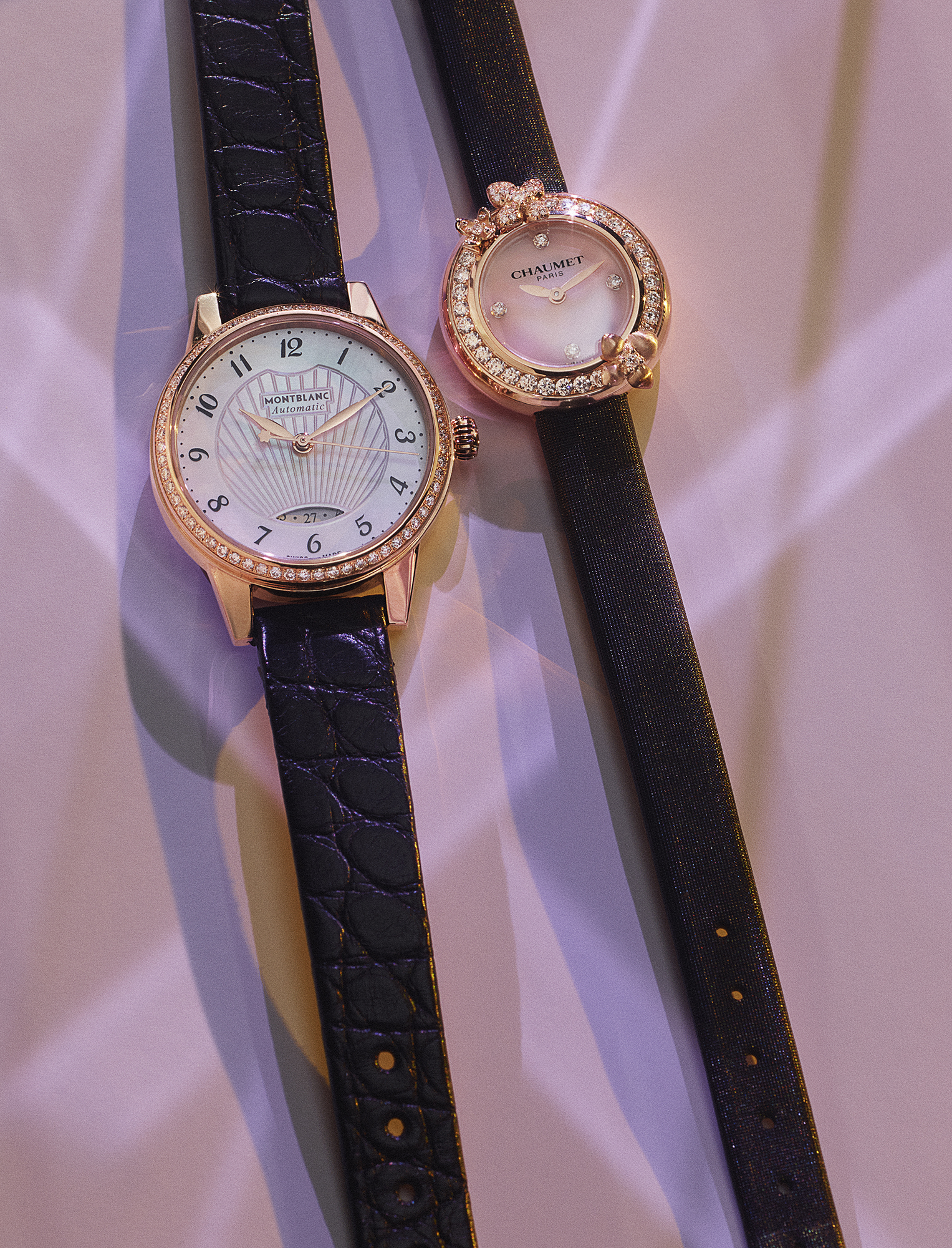 Bohéme Date Automatic 28mm, £7,600, MONTBLANC; Hortensia Eden in pink gold and diamonds with mother-of-pearl dial on black satin strap, £9,370, CHAUMET