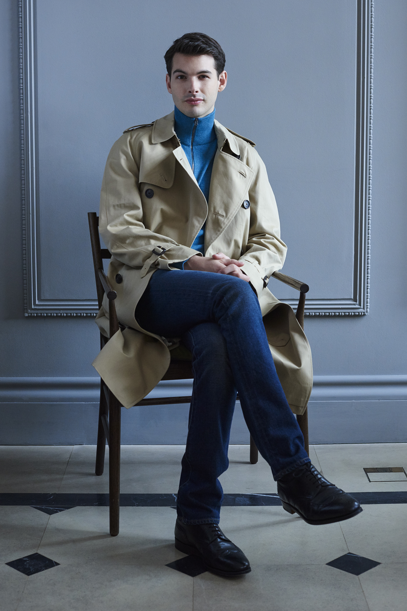 Westminster trench,£1,395; cashmere sweater, £295; straight-fit jeans, £250