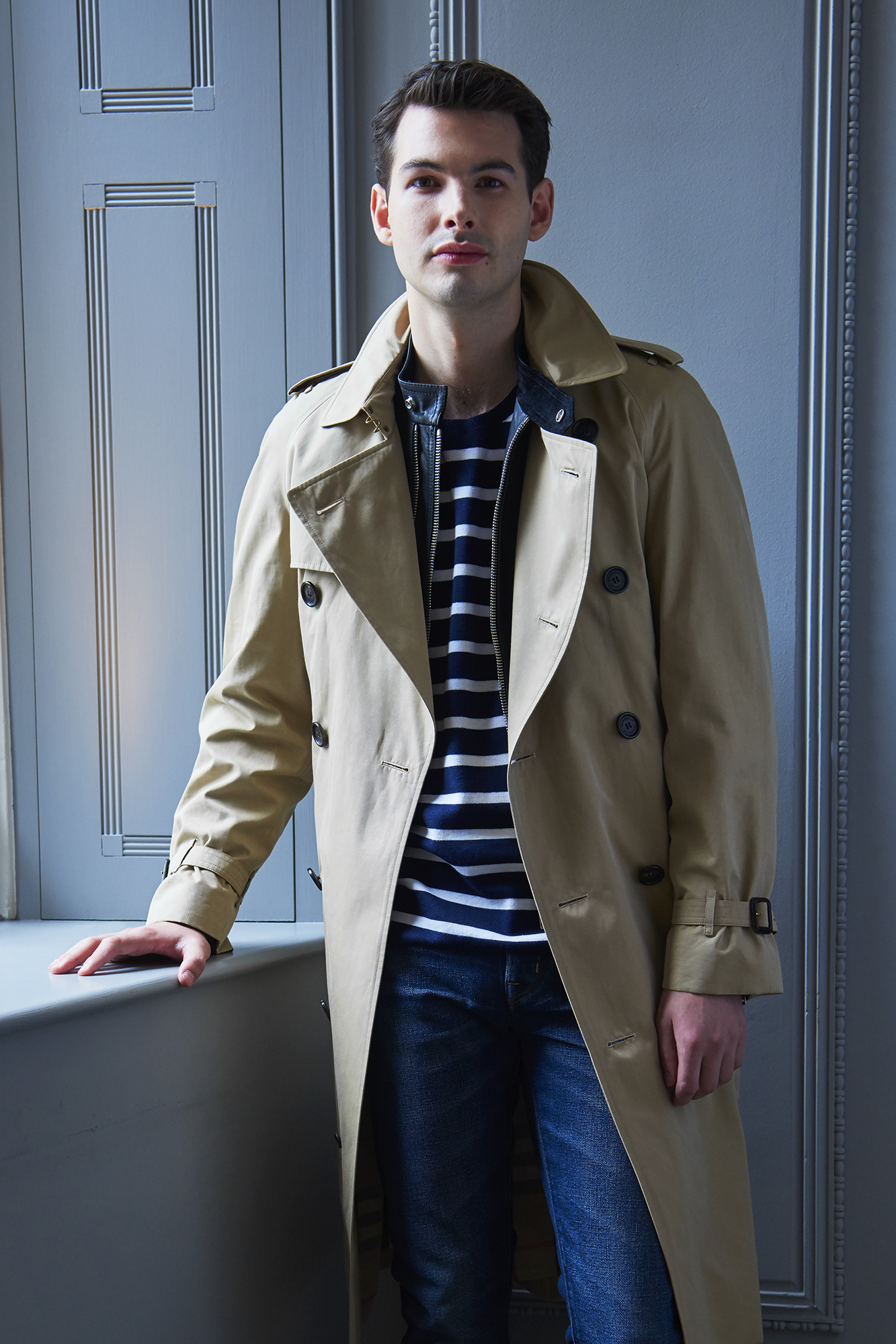 Trench, £1,395; leather biker jacket, £1,595; cotton T-shirt, £235; straight-fit jeans, £250