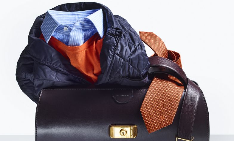 Wolsley bag, £3,395; quilted blazer, £695; crew neck, £275; stripe shirt, £195; leather belt, £230; tie, £125