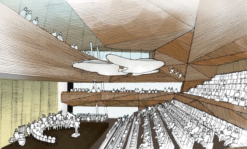 A sketch of the interior of Andermatt Concert Hall