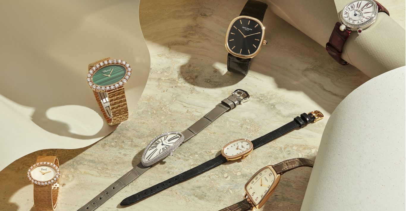 Clockwise, from left: Extremely Lady watch in rose gold with diamonds, £49,080, PIAGET; Oval watch from the L’Heure du Diamant collection, POA, CHOPARD; Golden Ellipse in rose gold, £24,480, PATEK PHILIPPE; Reine de Naples in white gold, £28,400, BREGUET; Galop d’Hermès in rose gold, £7,300, HERMÈS; Symphonette, £3,460, LONGINES; Baignoire Allongée, £35,500, CARTIER