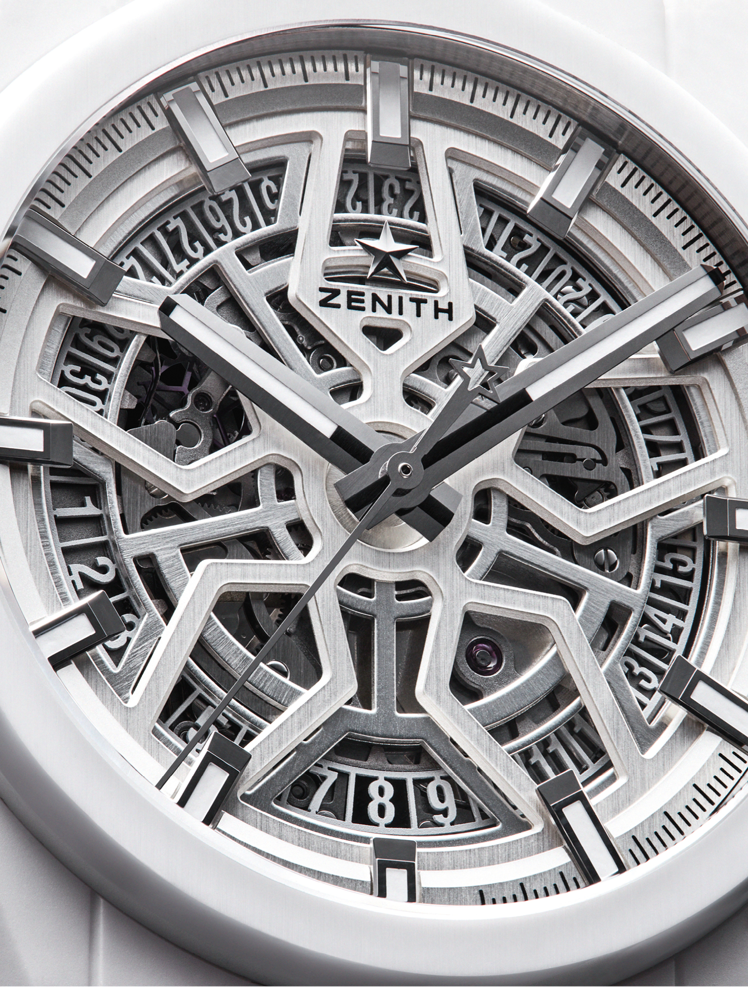 The 41mm Defy Classic White Ceramic features a skeleton dial with white hands, baton hour markers and a date display at six o’clock. Its display of micro-mechanics is powered by an automatic, Elite 670 SK movement. £6,100, ZENITH