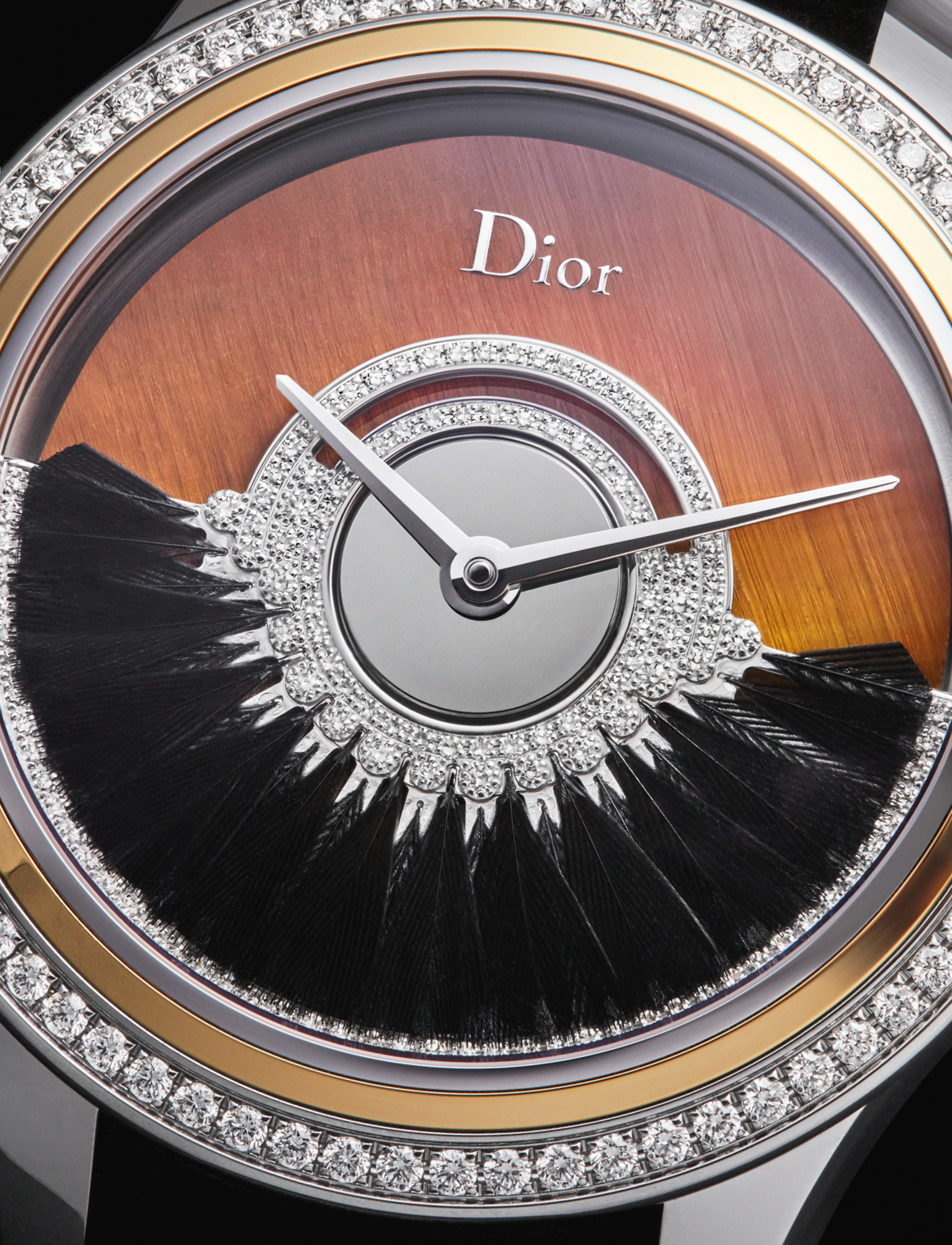 Dior’s 36mm Grand Bal Plume has an automatic movement featuring black feathers set on an oscillating weight recreating the swirl of a ball gown. It features a tiger’s eye stone dial with diamonds and is limited to 88 pieces. £23,600, DIOR