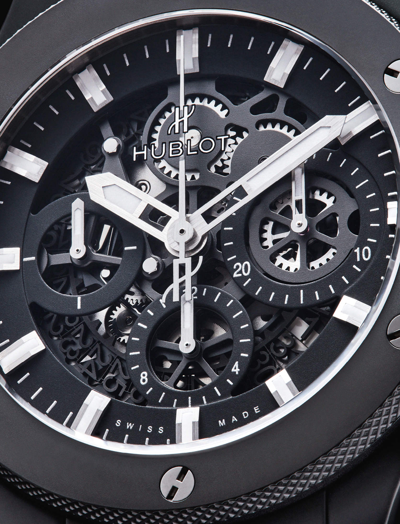 With a matte black skeleton dial, the Hublot Big Bang Aerobang Black Magic features a micro-blasted black ceramic case and bezel, a HUB4214 movement and is available on a black rubber and gummy alligator strap. £16,800, HUBLOT