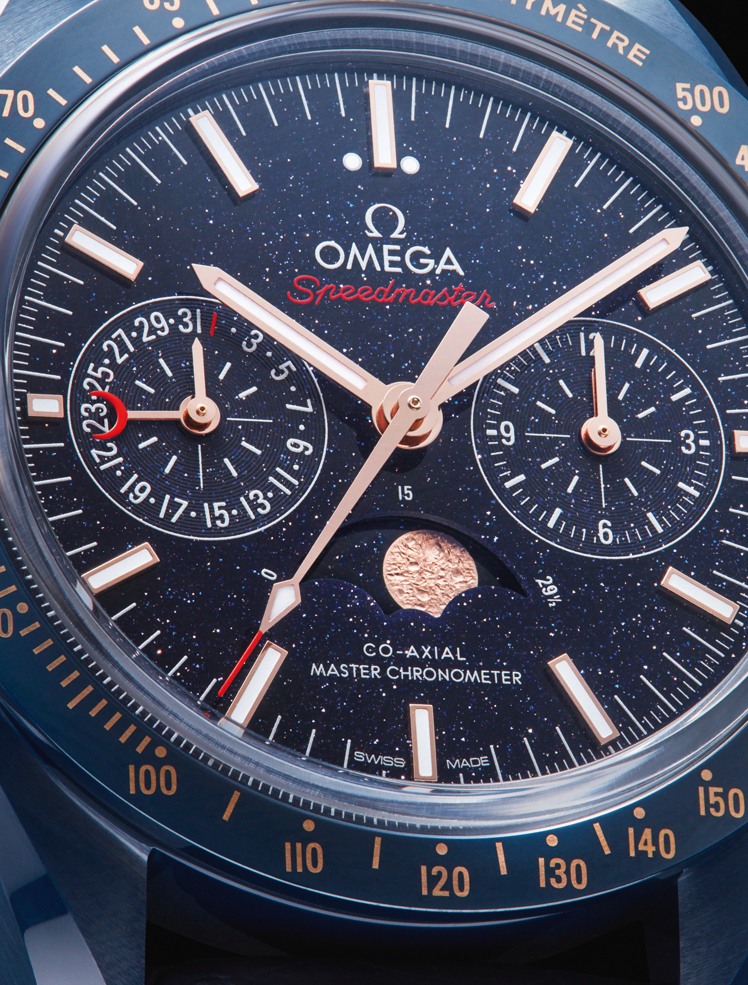 mega’s 44.25mm Speedmaster Moonwatch ‘Blue Side of the Moon’ is a Master Chronometer Moonphase Chronograph featuring a blue aventurine glass dial and blue ceramic case complemented by a blue ceramic bezel ring. £11,040, OMEGA