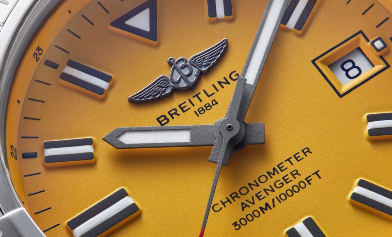 Designed for airborne and underwater adventures, Breitling’s new Avenger Automatic 45 Seawolf model is water resistant to 3,000m and features a steel case with a striking yellow dial. £3,200, BREITLING