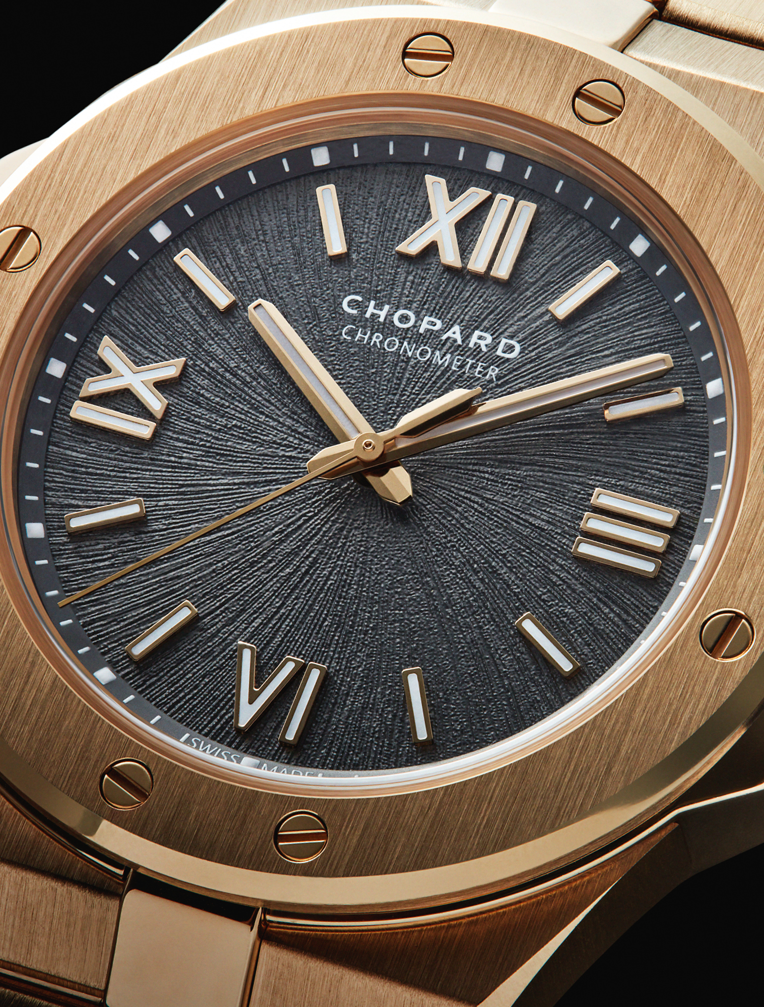 Inspired by the majesty of the Alps and the beauty of the white-tailed eagle, Chopard’s 36mm 18ct rose gold watch from the new Alpine Eagle collection features a textured bernina grey dial evoking an eagle’s iris. £POA, CHOPARD
