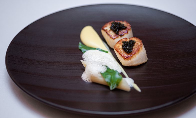 Seared Hand Dived Scottish Scallops with Salsify Purée, Champagne Sauce and Oscietra Caviar