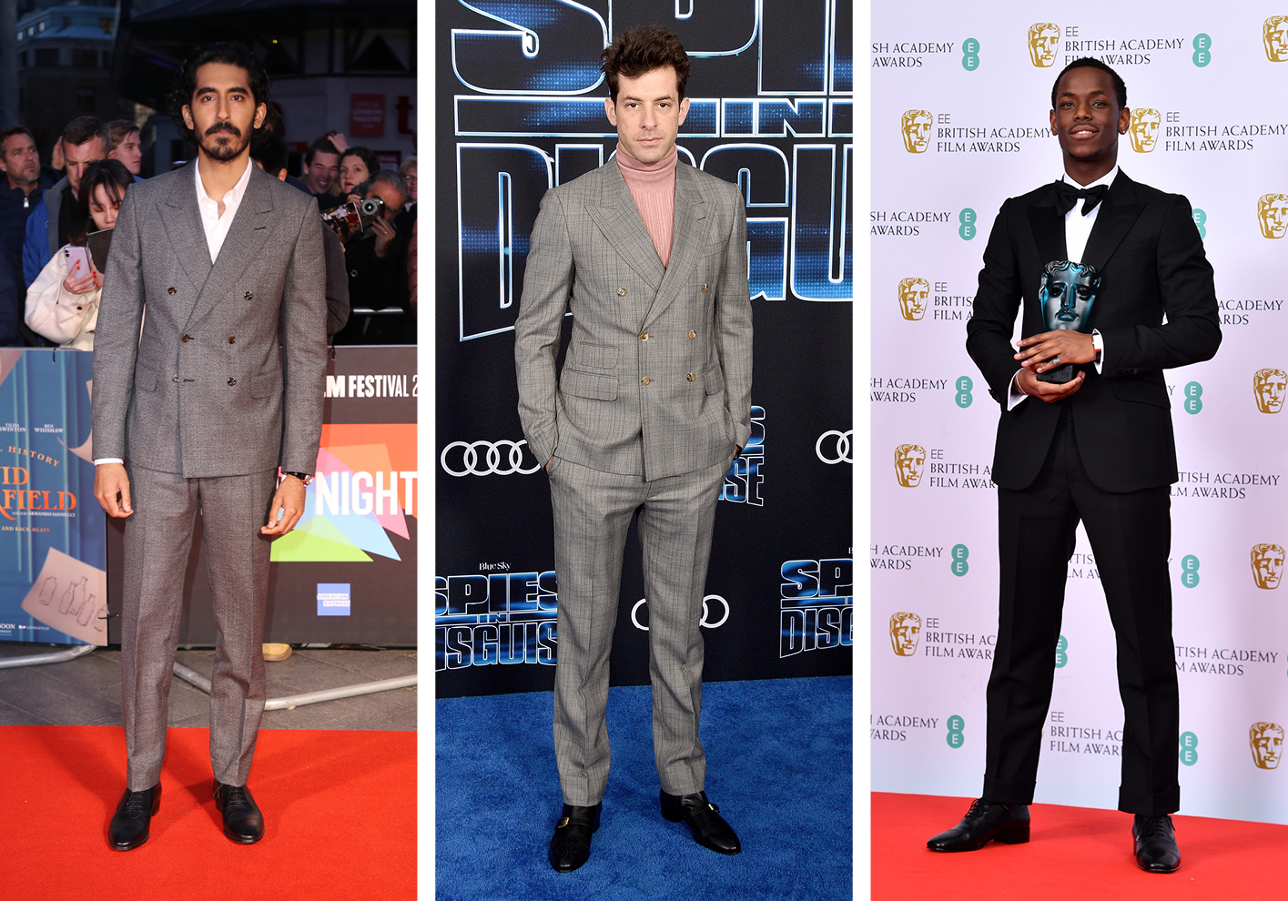 From left: Dev Patel in Gucci on the red carpet in 2019; Micheal Ward at the 2020 BAFTAs; Mark Ronson at the Spies in Disguise premiere, 2019. Image courtesy of Getty Images, Mike Marsland/WireImage