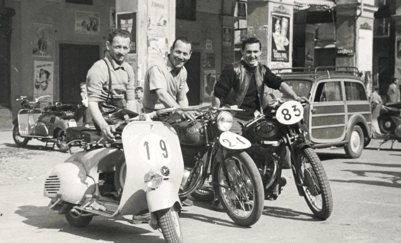Vespa racers preparing for a rally in 1953