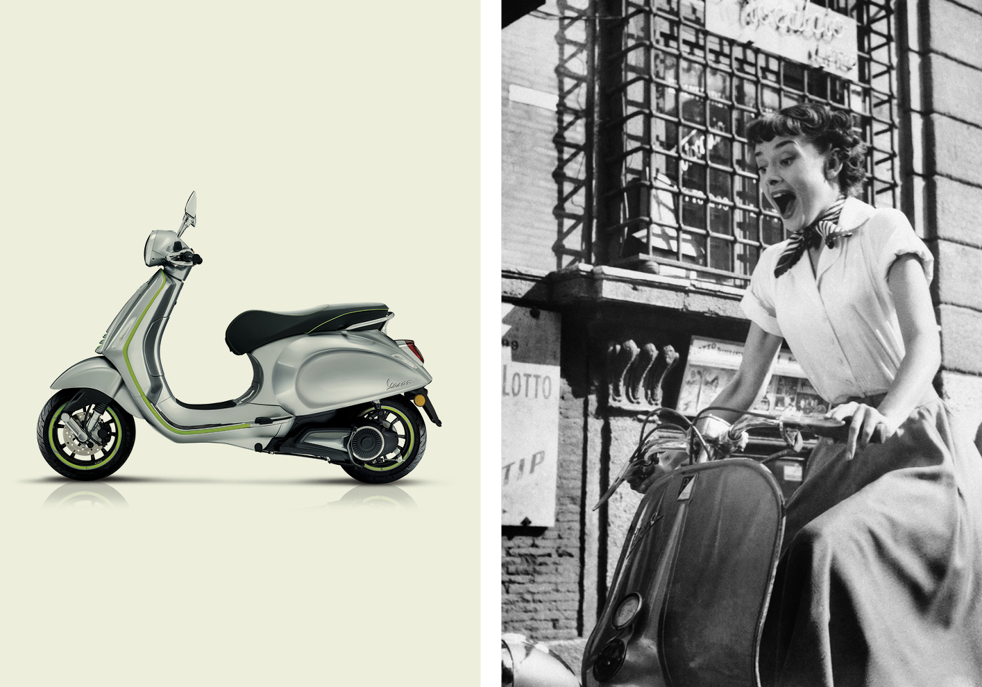 The new Vespa Electtrica and, right, Audrey Hepburn enjoys riding a Vespa in Roman Holiday