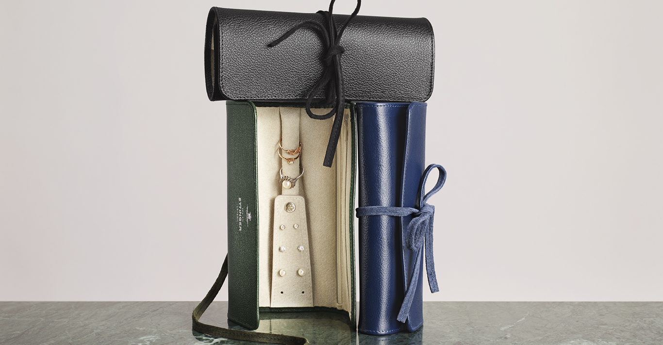 Ettinger specialises in finely crafted small leather goods such as these jewellery rolls and valet trays from the Capra Ecru collection