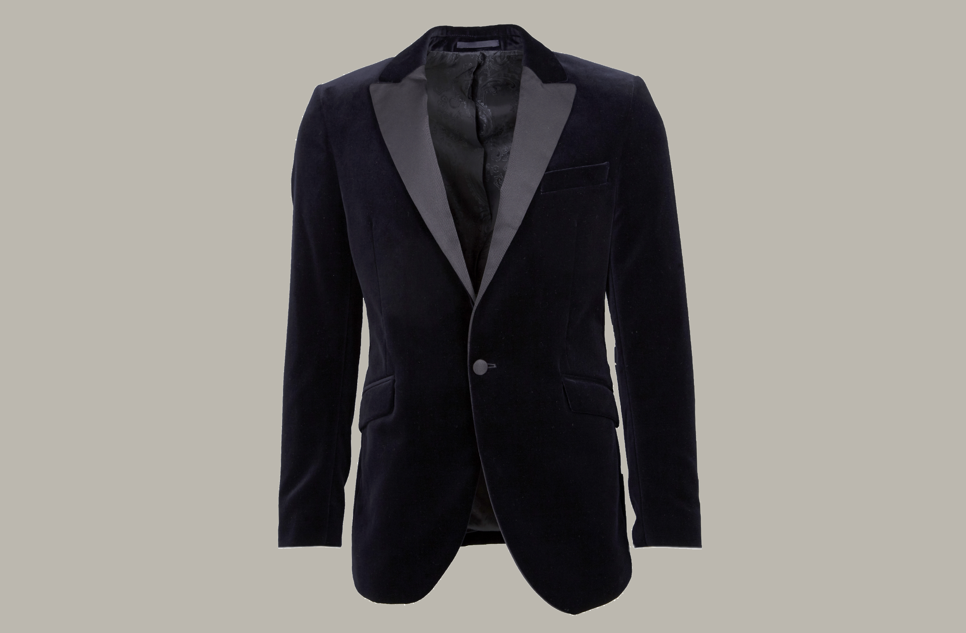 Favourbrook's velvet dinner jacket has contrasting black silk grosgrain peak lapels, matching buttons. and an elegant midnight paisley lining