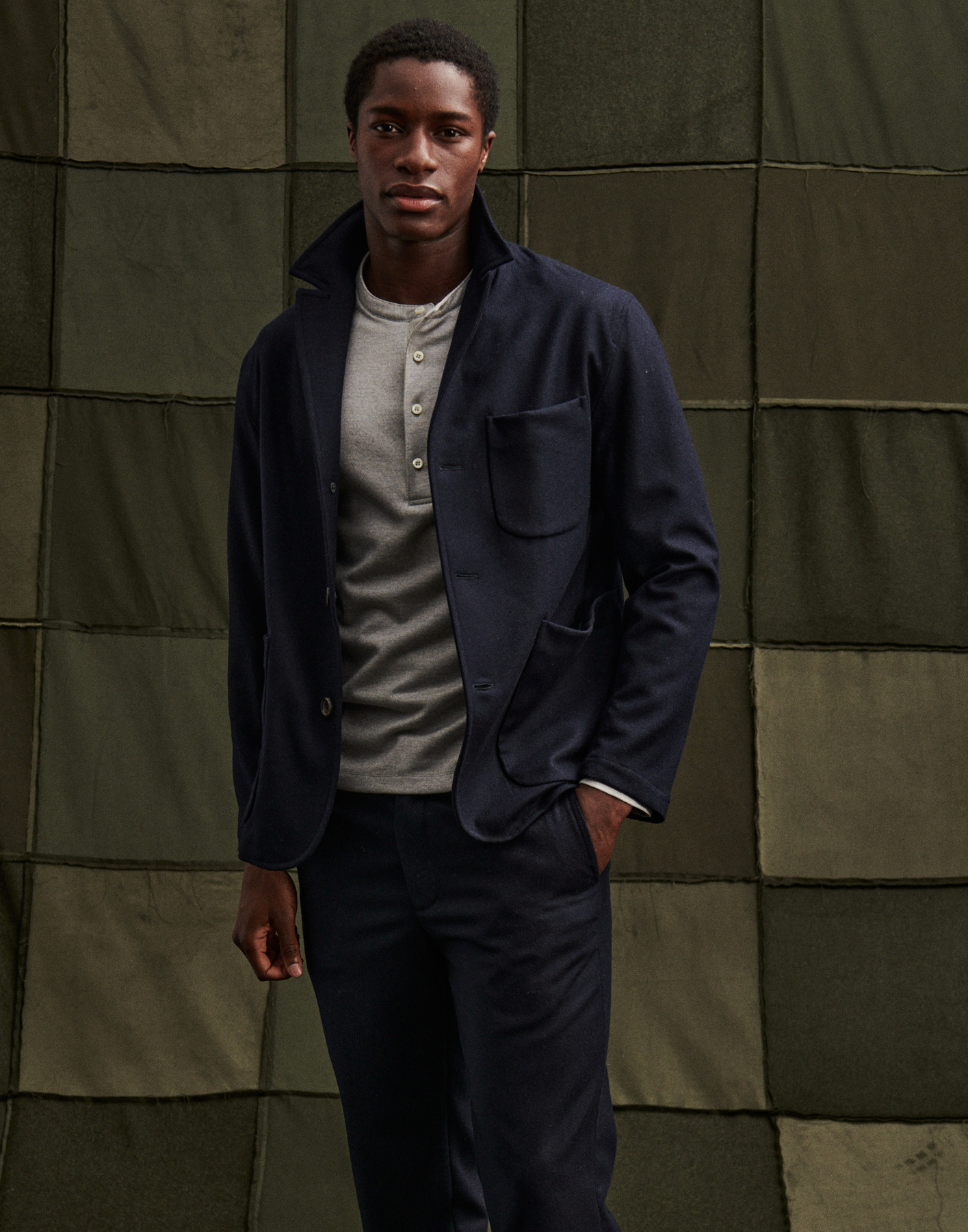 The Flâneur blazer in navy, £595; The cashblend crew trouser, £195; The cashmere Henley in light grey, £250. All Private White V.C.
