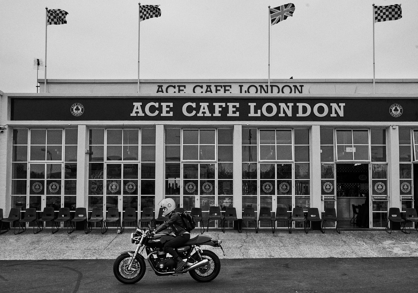 Biker riding Triumph Thruxton RS at Ace Cafe
