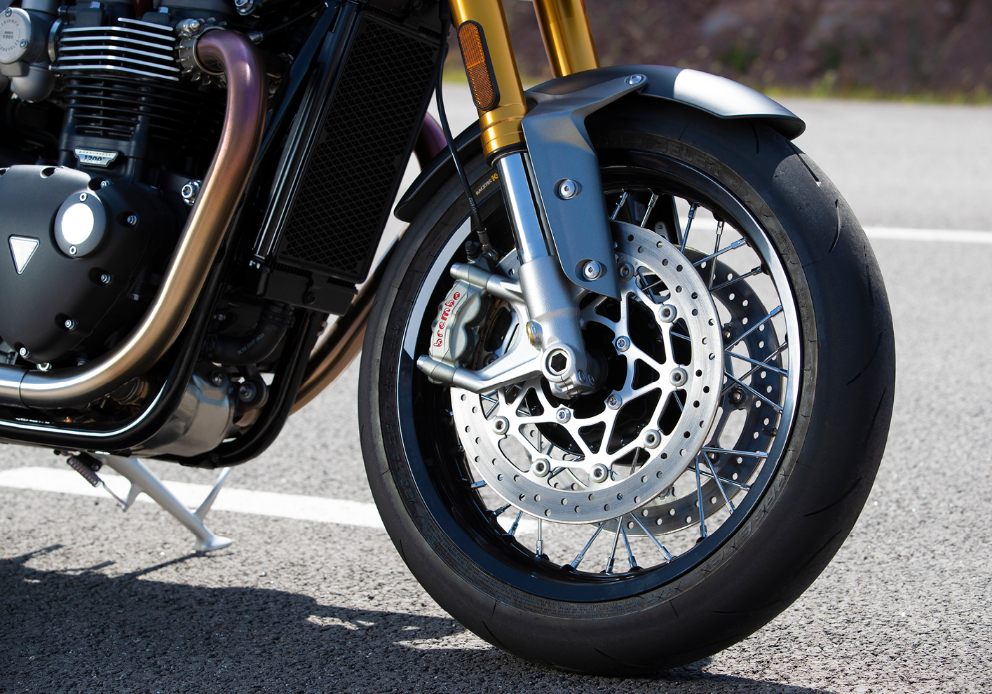 Front wheel and Brembo brakes on the Triumph Thruxton RS motorcycle