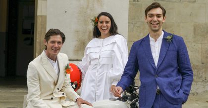 From left: double breasted jacket, £410 and drawstring trousers, £189; Fairway jacket, £389 and fishtail trousers, £210