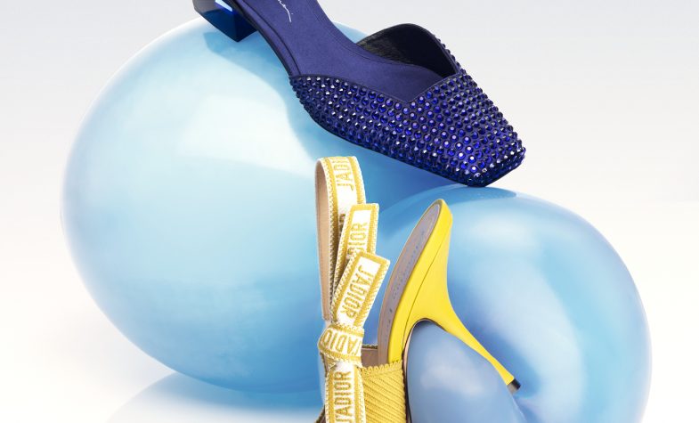 (Top) Giorgio Armani d’Orsay court shoe in satin and rhinestone, £1,250, armani.com; J’adior slingback pump in embroidered cotton, £860, dior.com