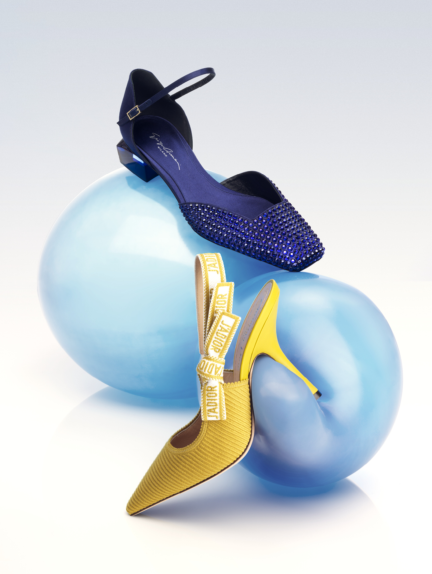 (Top) Giorgio Armani d’Orsay court shoe in satin and rhinestone, £1,250, armani.com; J’adior slingback pump in embroidered cotton, £860, dior.com