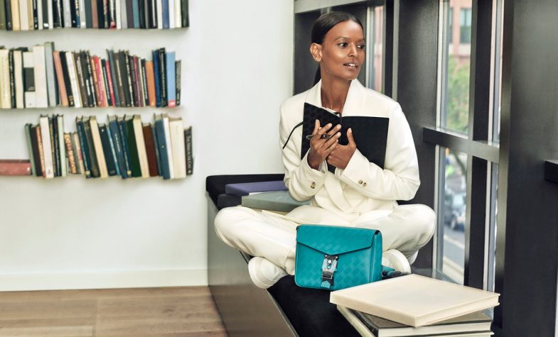 Liya Kebede models the Montblanc Extreme 3.0 notebook #149 large, £120, and compact envelope with M LOCK 4810 buckle, £930, and the Starwalker SpaceBlue fineliner, £735