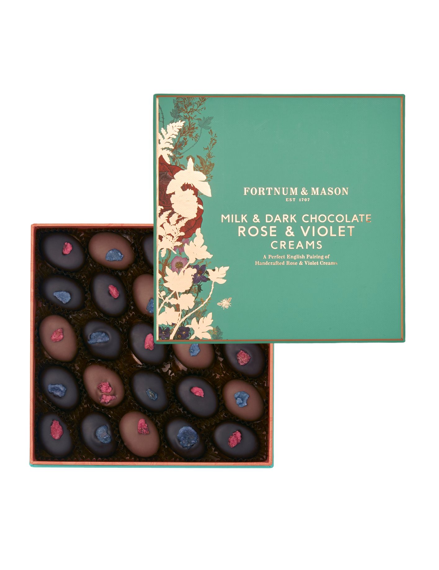 A box of Fortnum's Rose & Violet English Creams