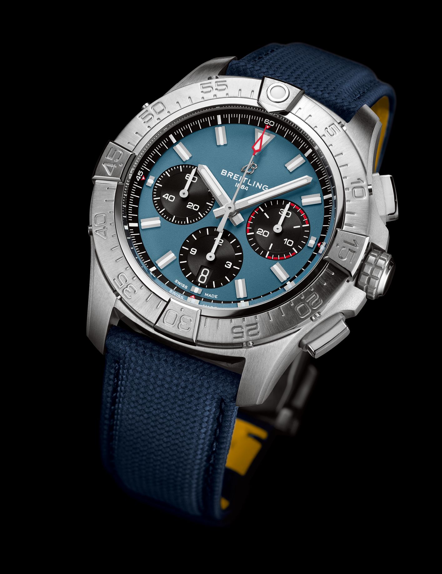 The Avenger B01 Chronograph 44 with rotating stainless-steel bezel and coloured dial in blue