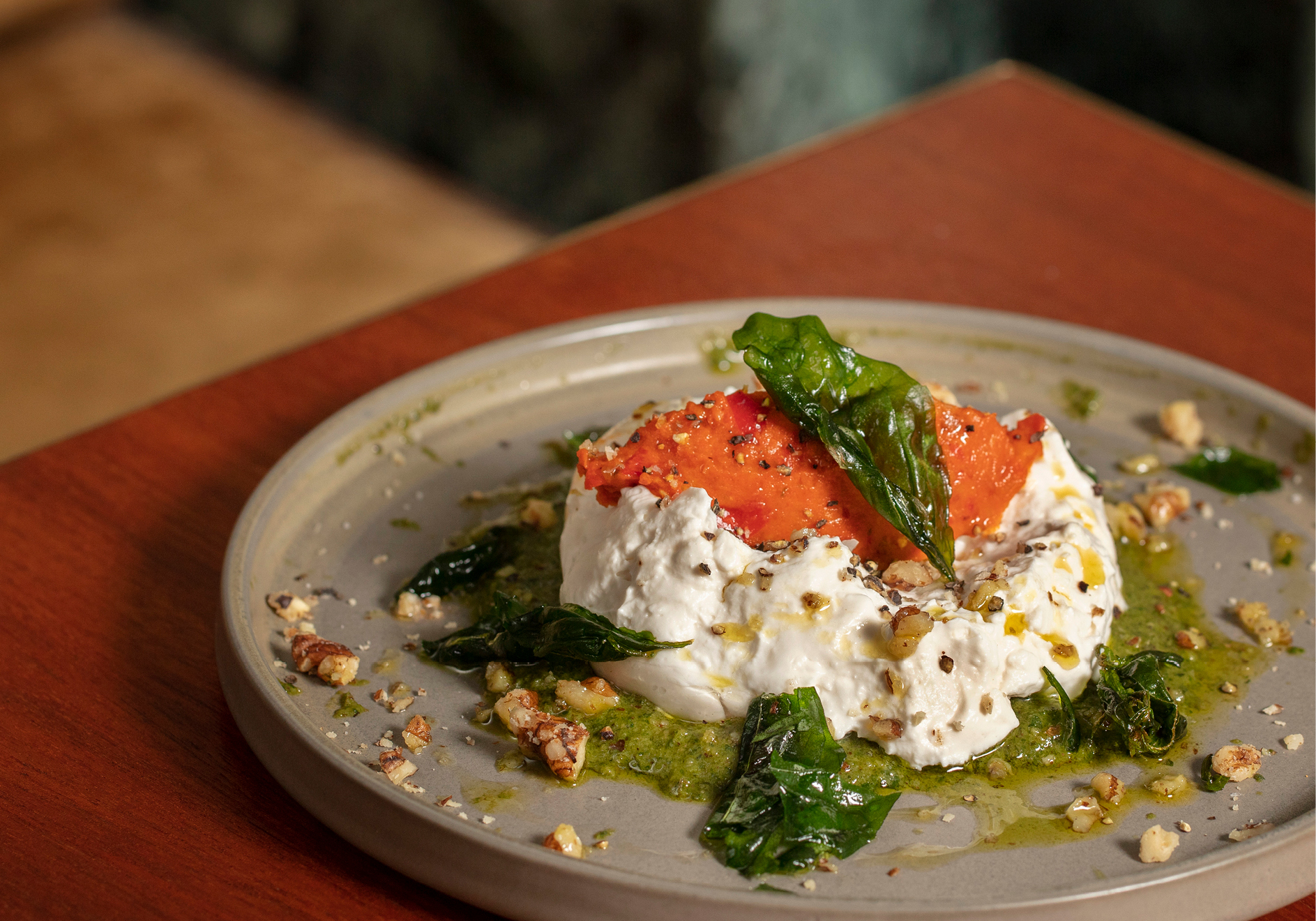 Antipasti: Julienne Bruno Burrella, ‘nduja’, carrot top gremolata, fried basil and toasted walnuts