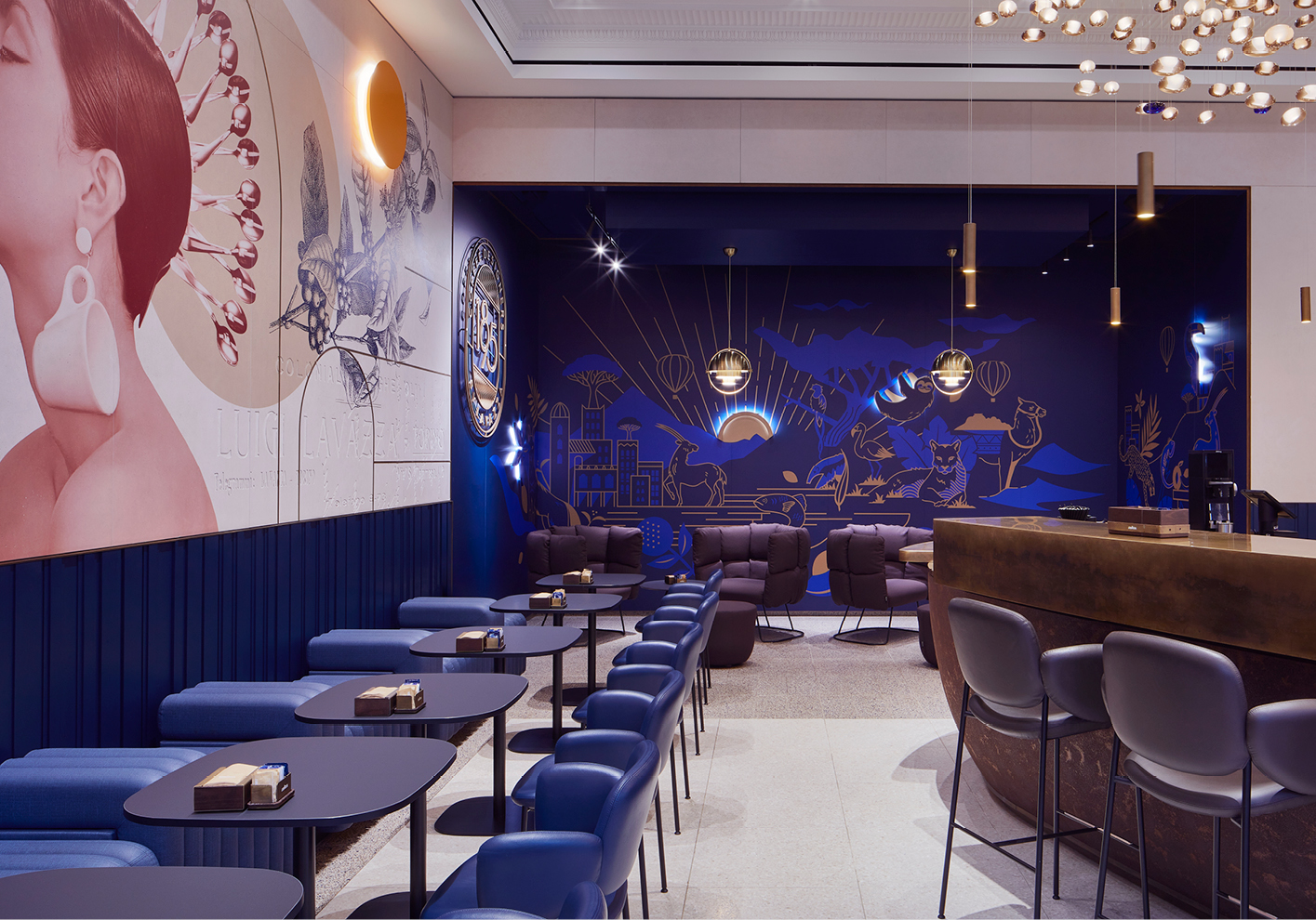The flagship is a grand space in which customers can immerse themselves in large coffee-themed artworks