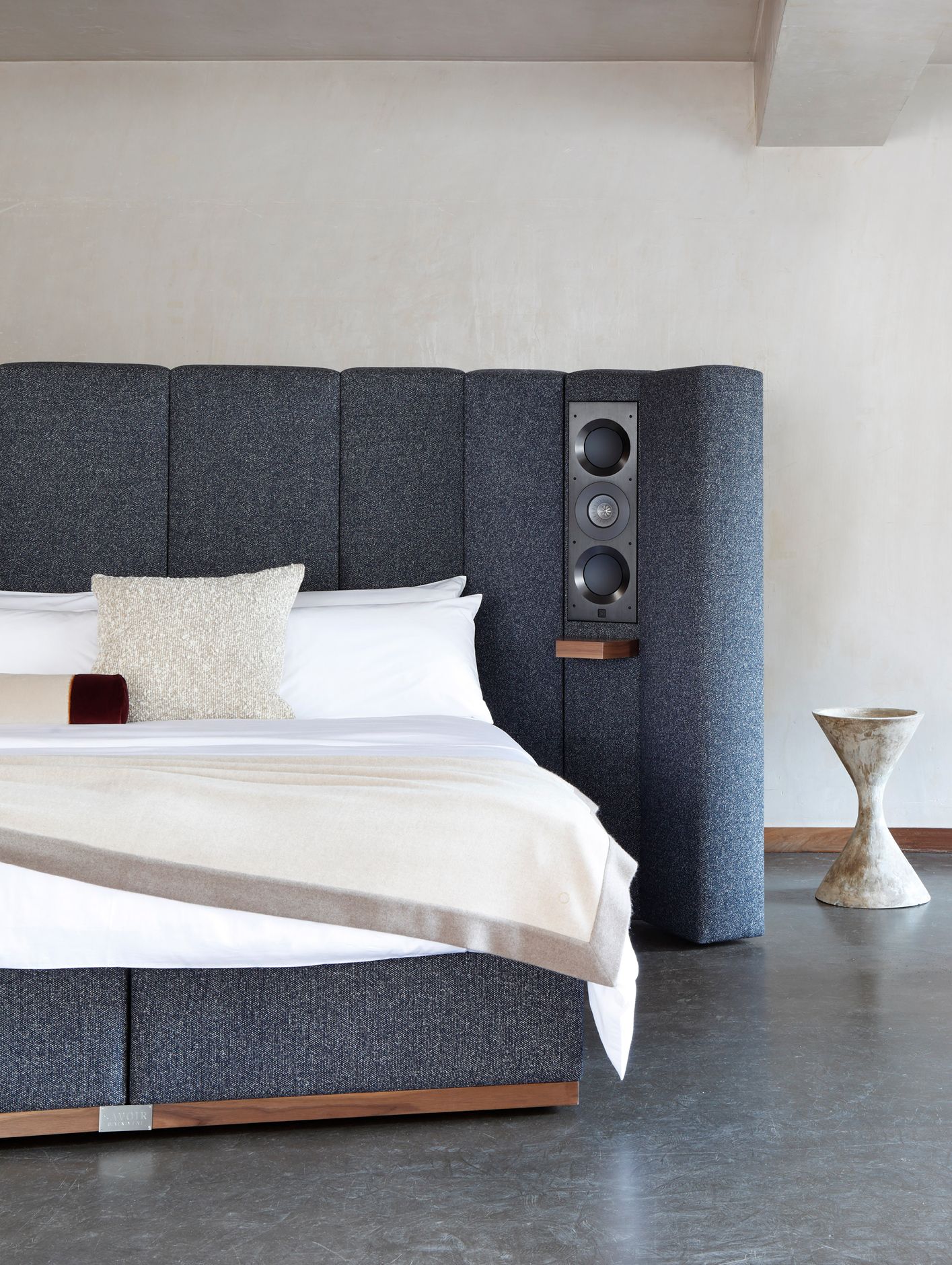 This music-based iteration of Savoir's iconic No. 2 bed is dressed in luxurious contrasting fabrics