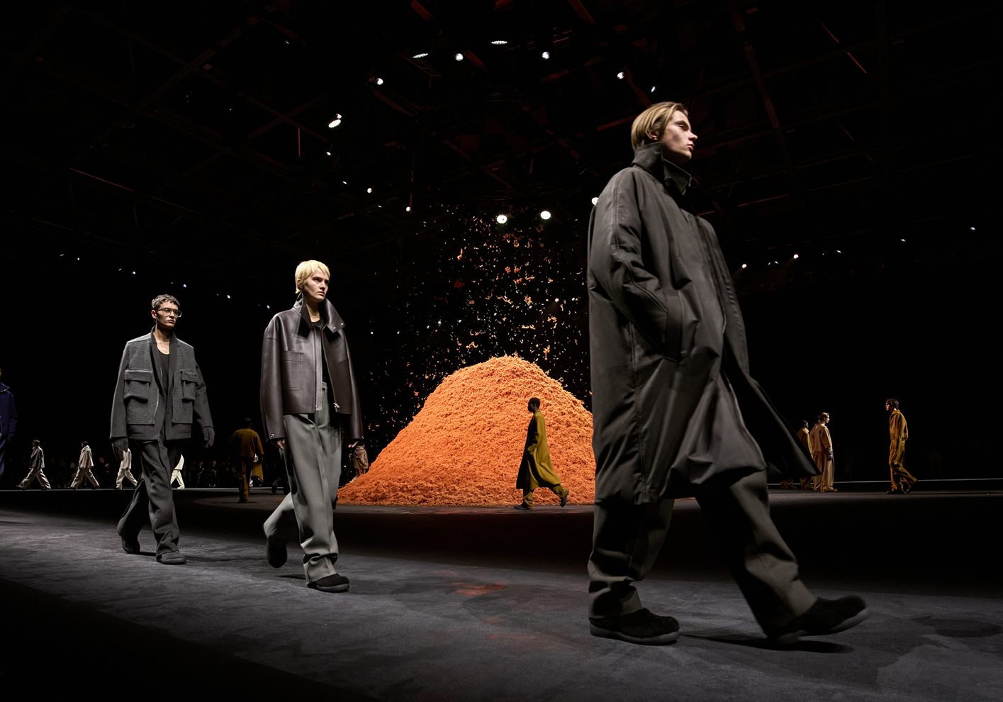A snowfall of cashmere in Zegna’s signature vicuna hue formed a mountain at the centre of the catwalk space