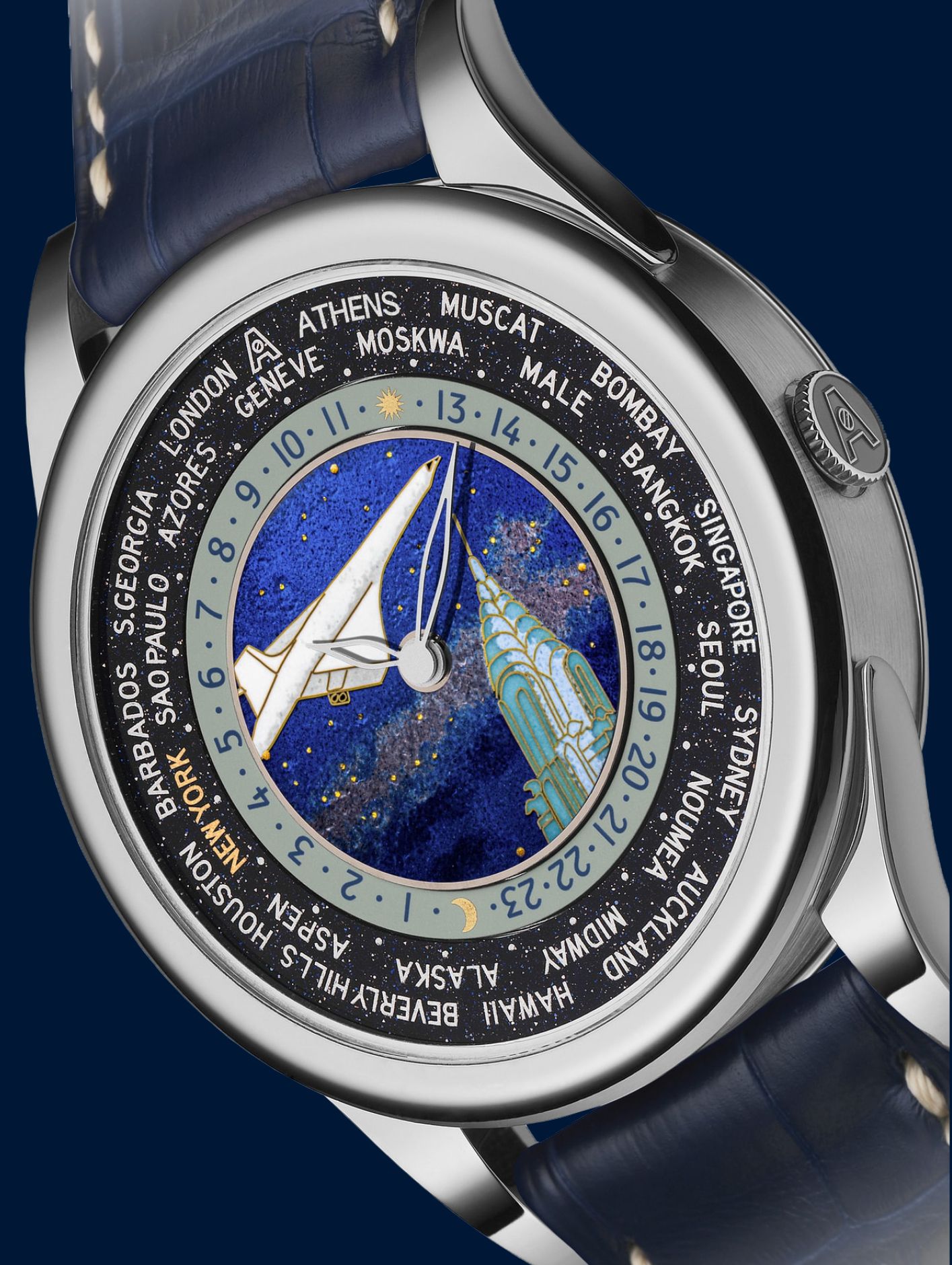 The BCHH Celestial Voyager Supersonic features a champlevé dial depicting the Concorde in flight over the Chrysler Building