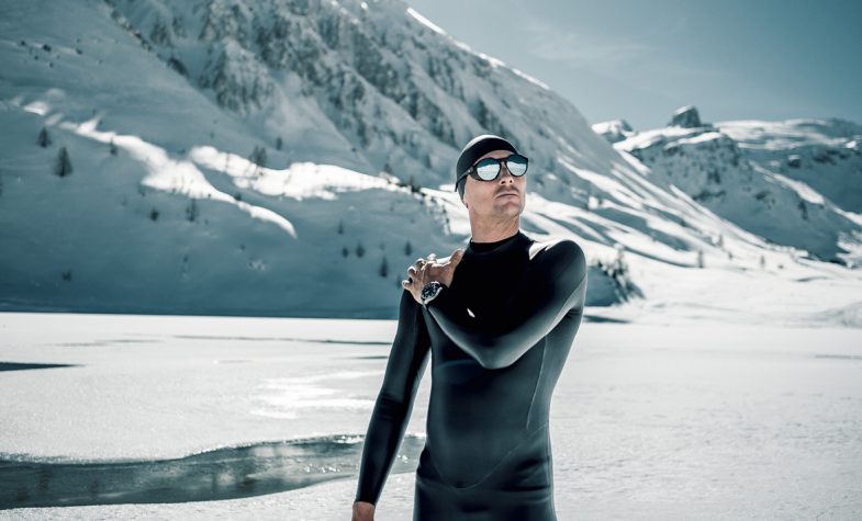 World record-holding freediver William Trubridge wears the Montblanc Iced Sea 0 Oxygen Deep 4810 in the French Alps