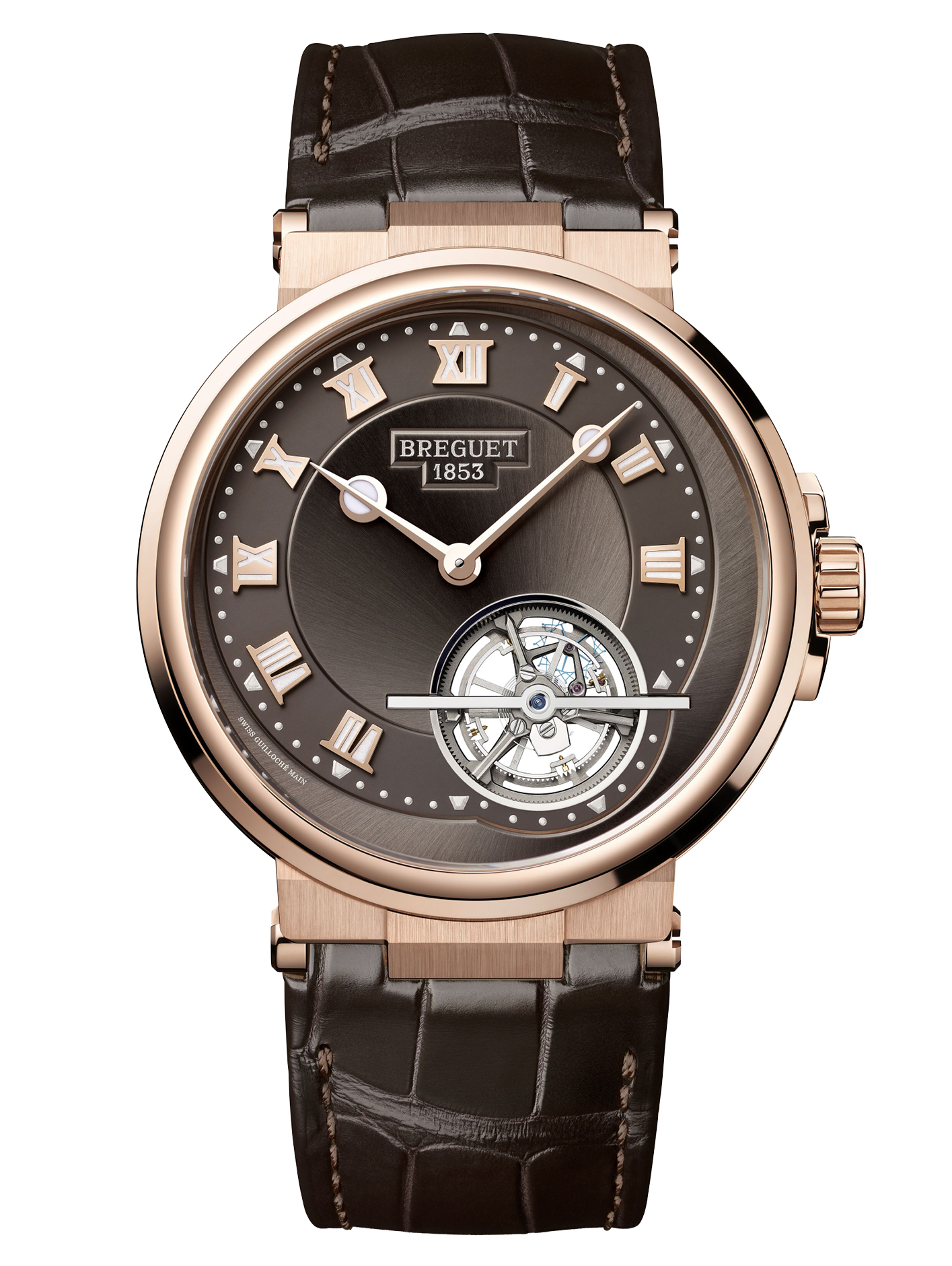 Breguet’s Marine Tourbillon 5577 in rose gold with sunburst slate grey dial and brown alligator leather strap