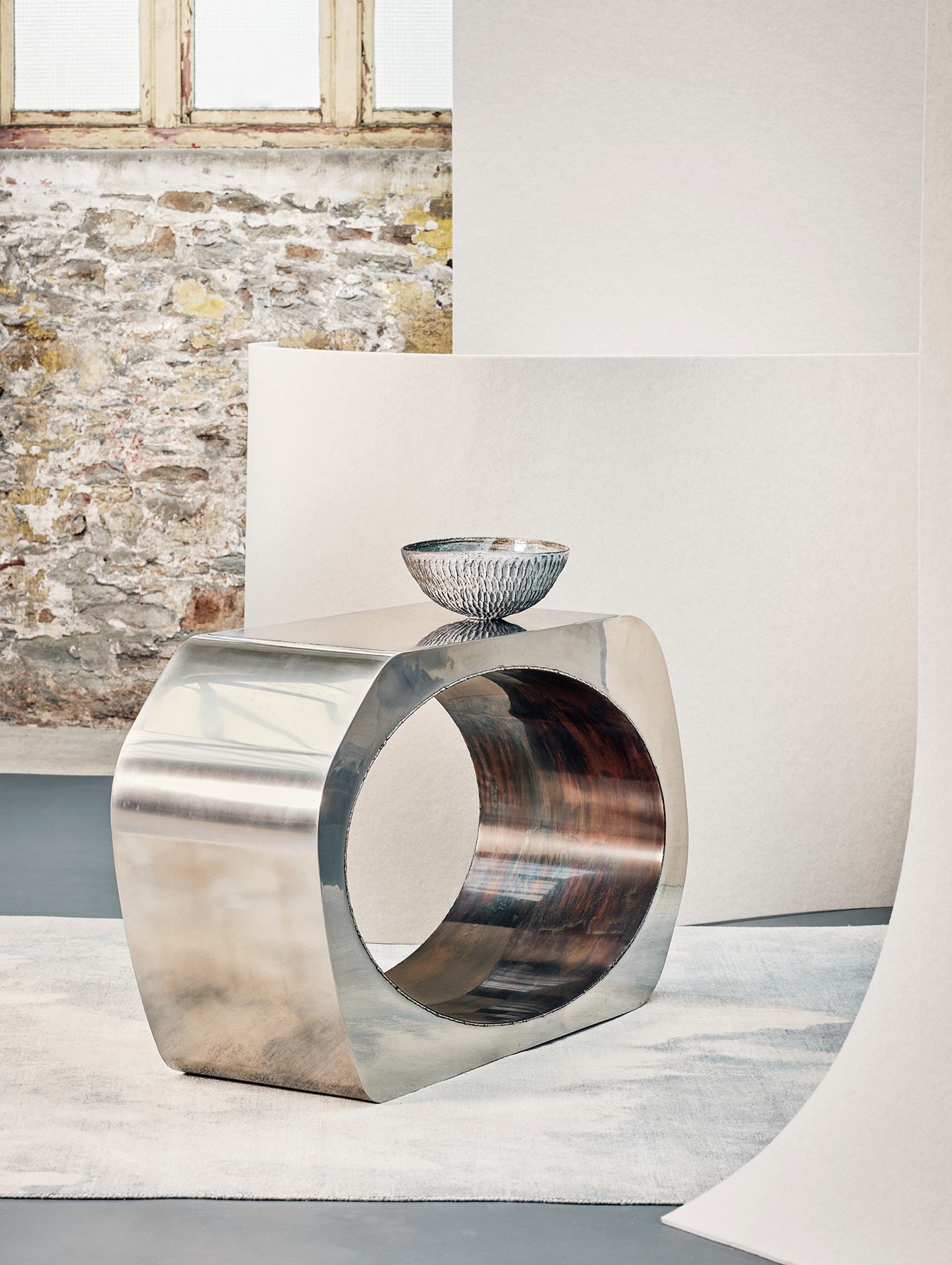Skye Collection console table with patinated interior