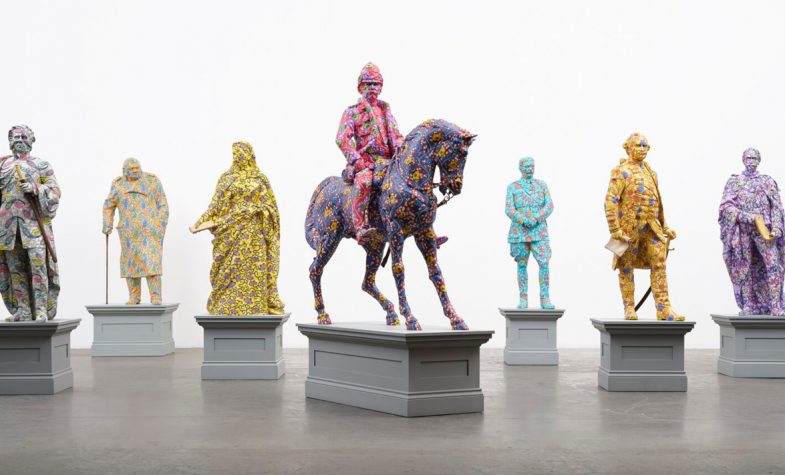 Yinka Shonibare CBE, Decolonised Structures, 2022-23. Fibreglass sculptures, hand-painted with Dutch wax pattern, gold leaf and wooden plinths.