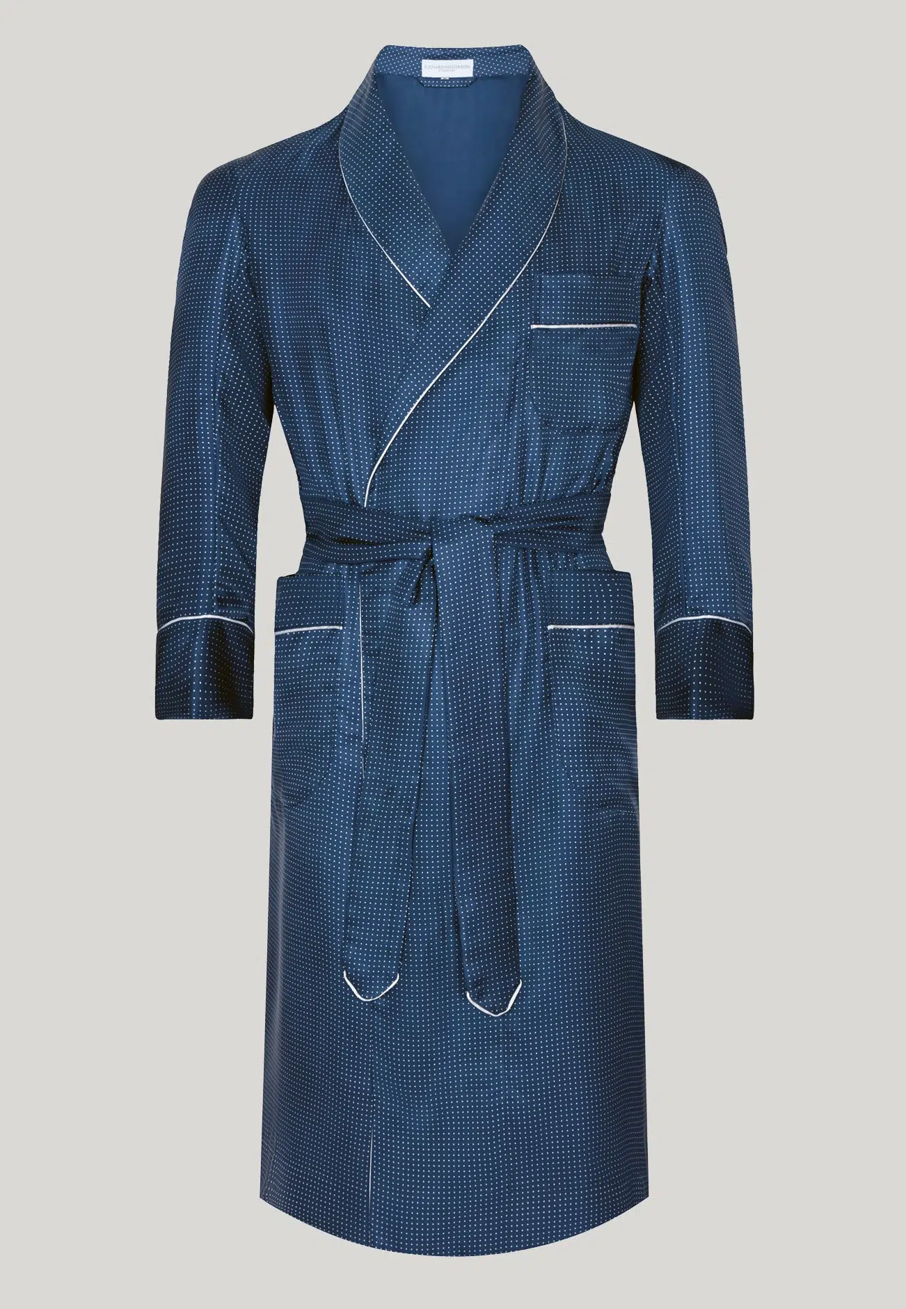 RICHARD ANDERSON NAVY SILK POLKA DOT DRESSING GOWN