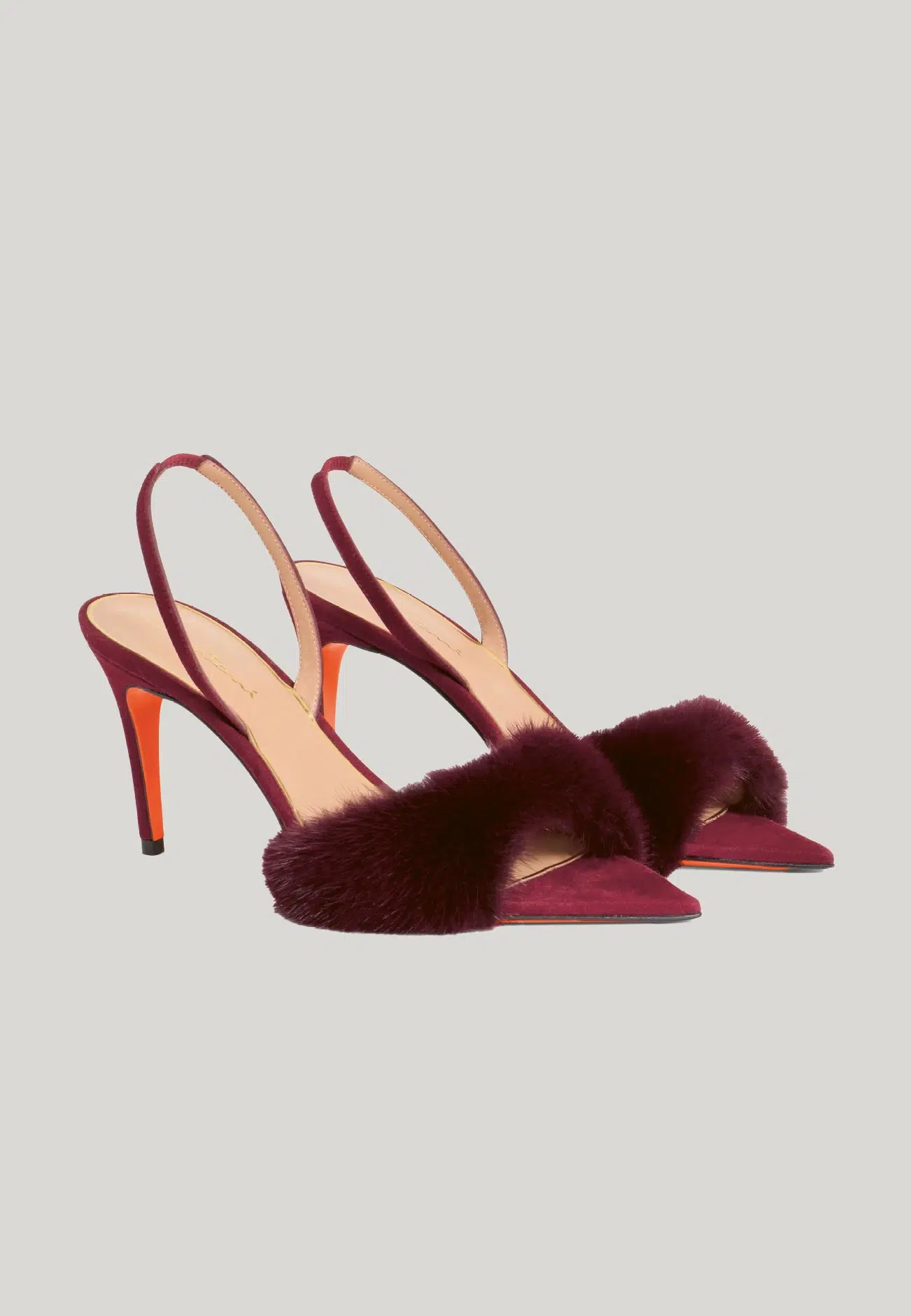 SANTONI BURGUNDY SUEDE AND MINK HIGH-HEELED SANDAL