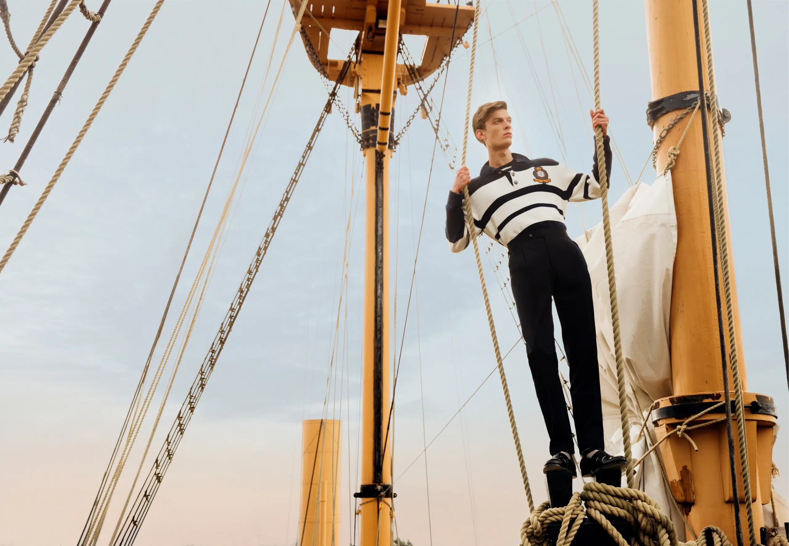 Model wearing Gieves & Hawkes on boat