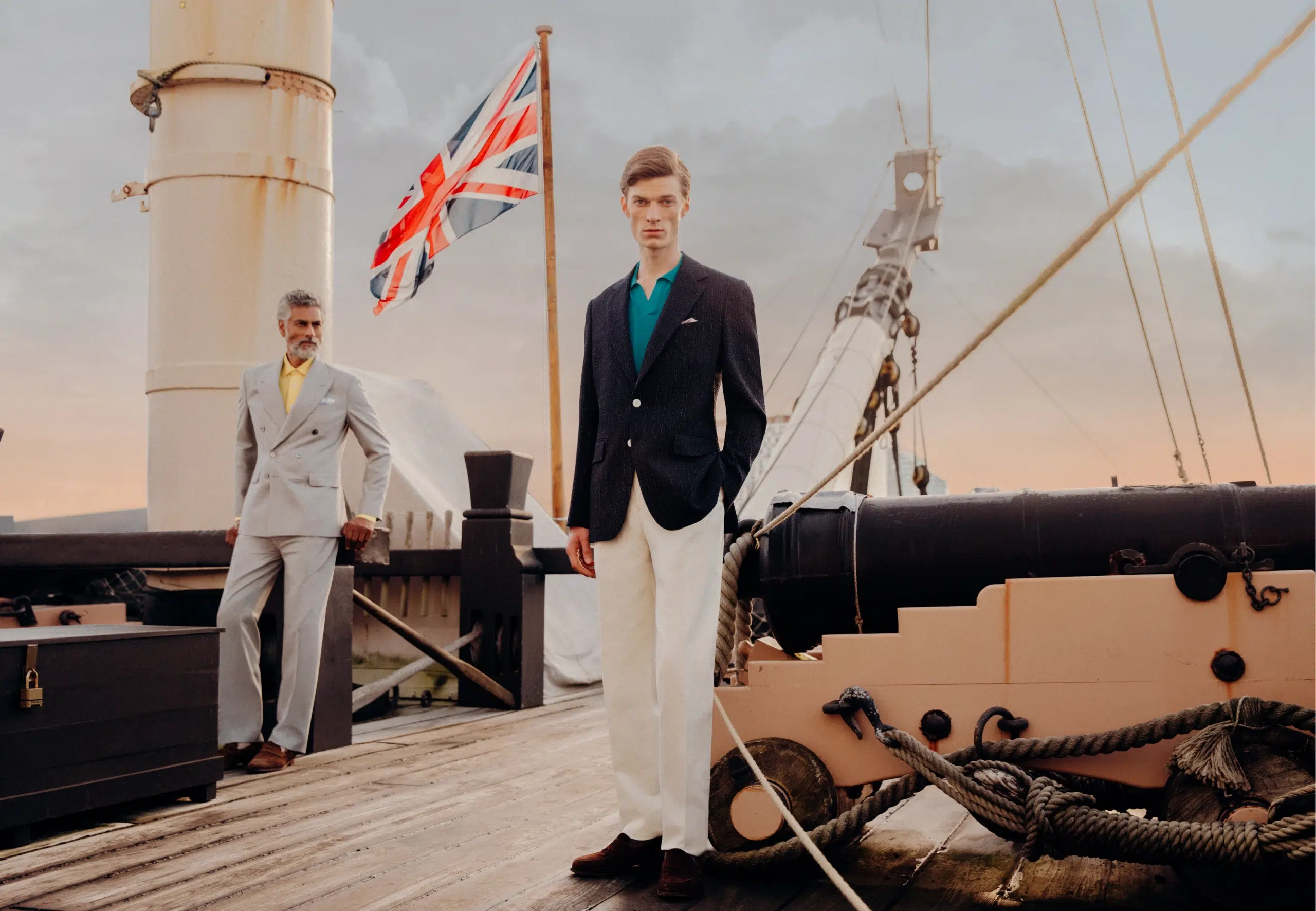 Model wearing Gieves & Hawkes suit on boat