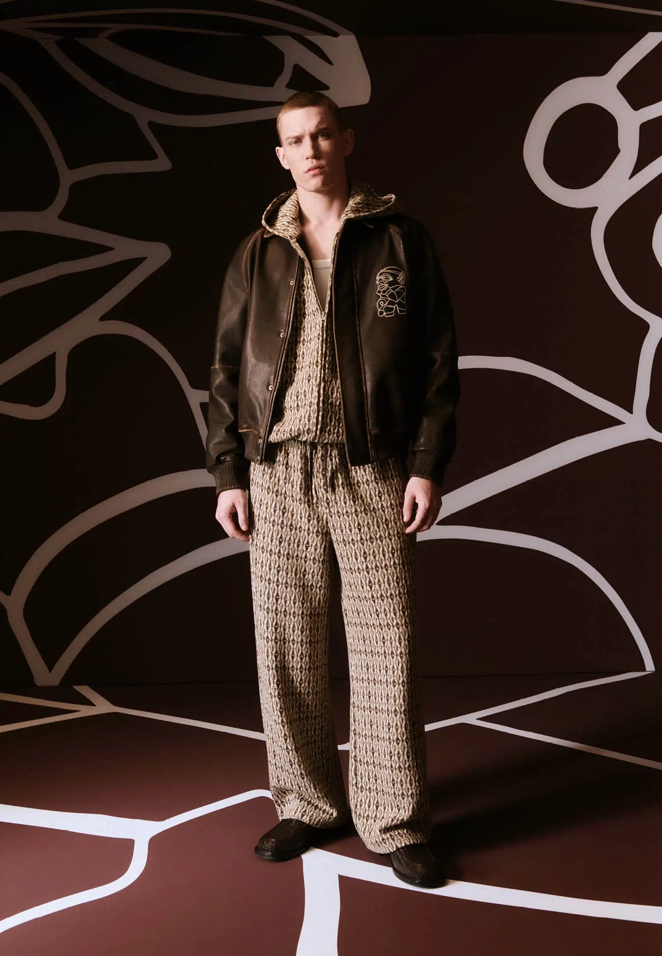 Labrum and John Lewis collaboration, brown leather varsity jacket
