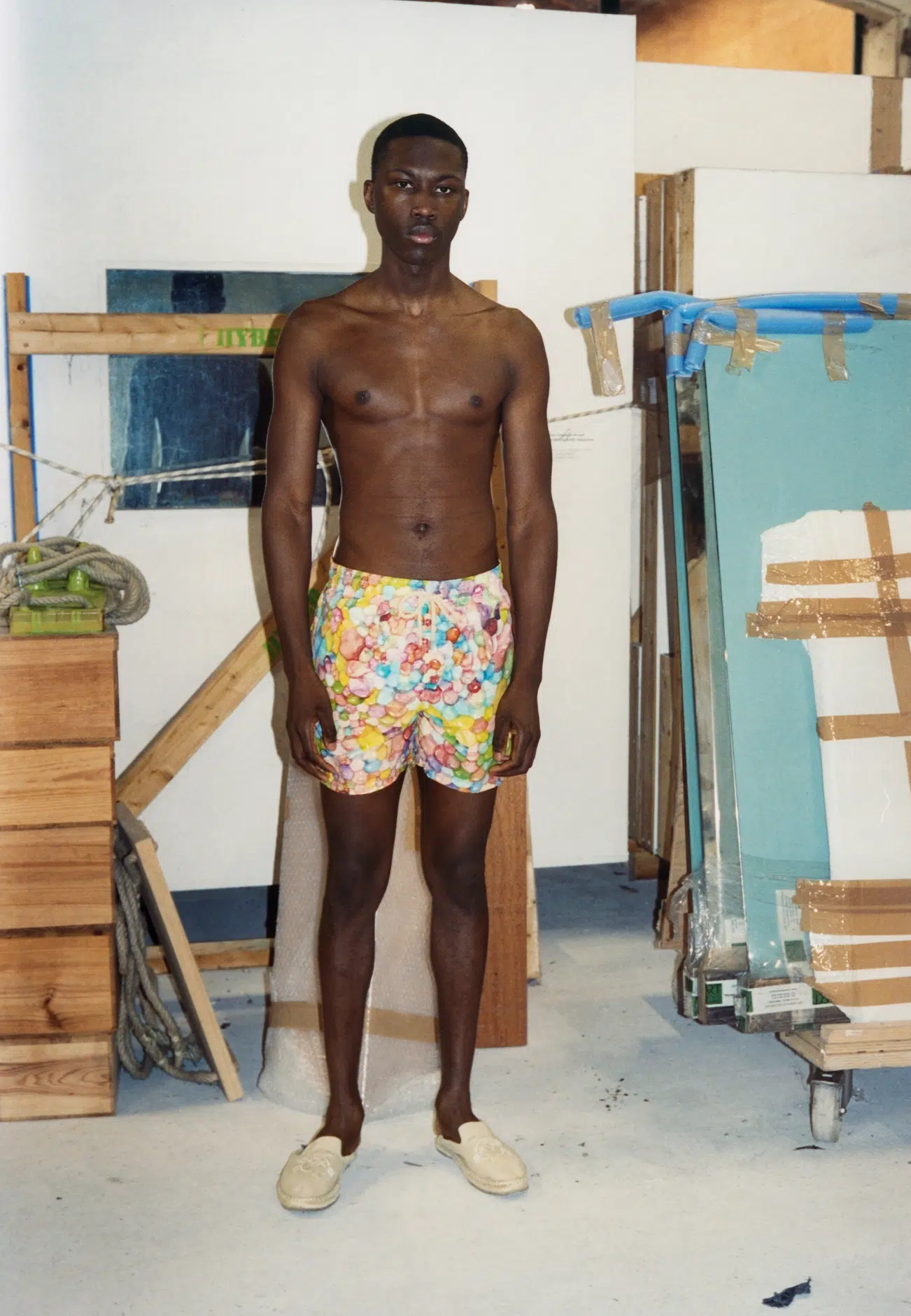 Model wearing Vilebrequin x Fabrice Hyber